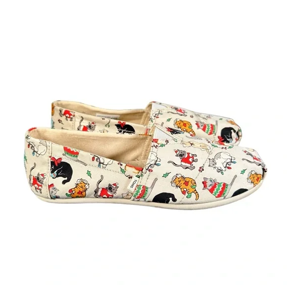 TOMS Christmas Cat Print Slip-On Canvas Flats - Picture 2 of 10
